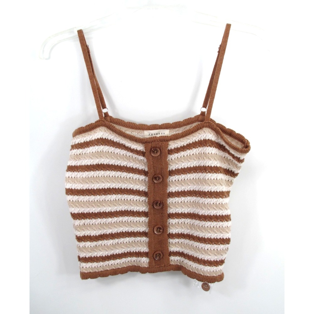 NWOT PROMESA Knitted Camisole Tank Top Women S Brown Stripe Buttons Retro Y2K